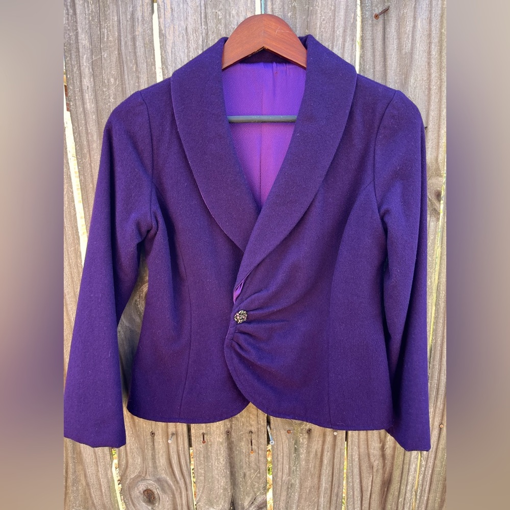 Vintage 60s Purple Wool Blend Fully Lined Jewel Tone Jacket Floral Motif Small S